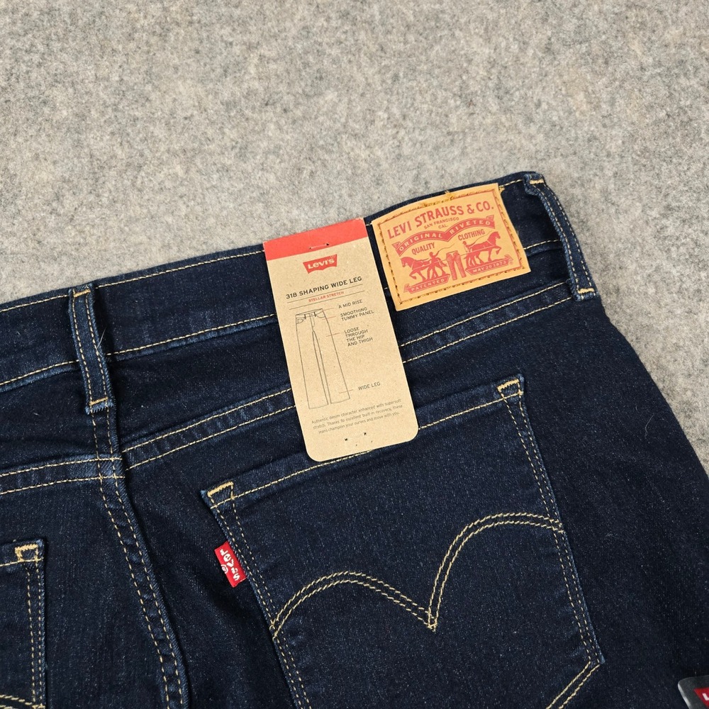 Levi 318 Shaping Wide Leg Womens 33x32 Dark Blue Denim Mid Rise Stretch Jeans - Picture 8 of 12